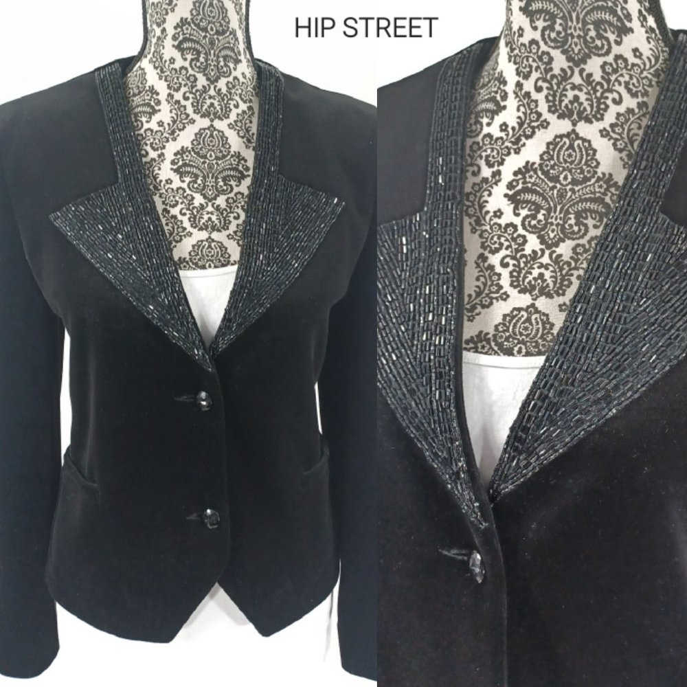 ACT III Vintage 80s Beaded Faux Lapel Velveteen 2 Button Blazer Jacket 10